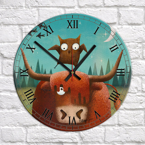 Ellie the Highland and Millie the Little Owl - Highland Art Clock